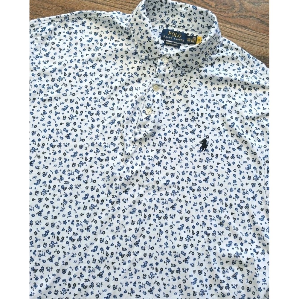 Polo Ralph Lauren Floral Polo Shirt Men XXL Custom Slim Fit Blue White Pony Logo